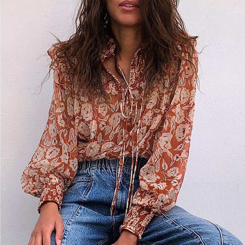 Free People FP Roma Blouse Top Long Sleeve Ruffle Smock Floral Orange Medium M